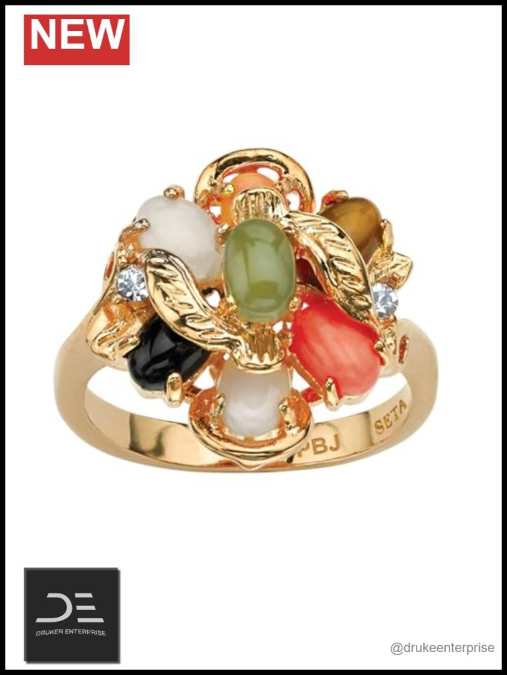 Genuine Opal Tiger Eye Jade Cocktail Ring 18k Gold Plated Statement Ring